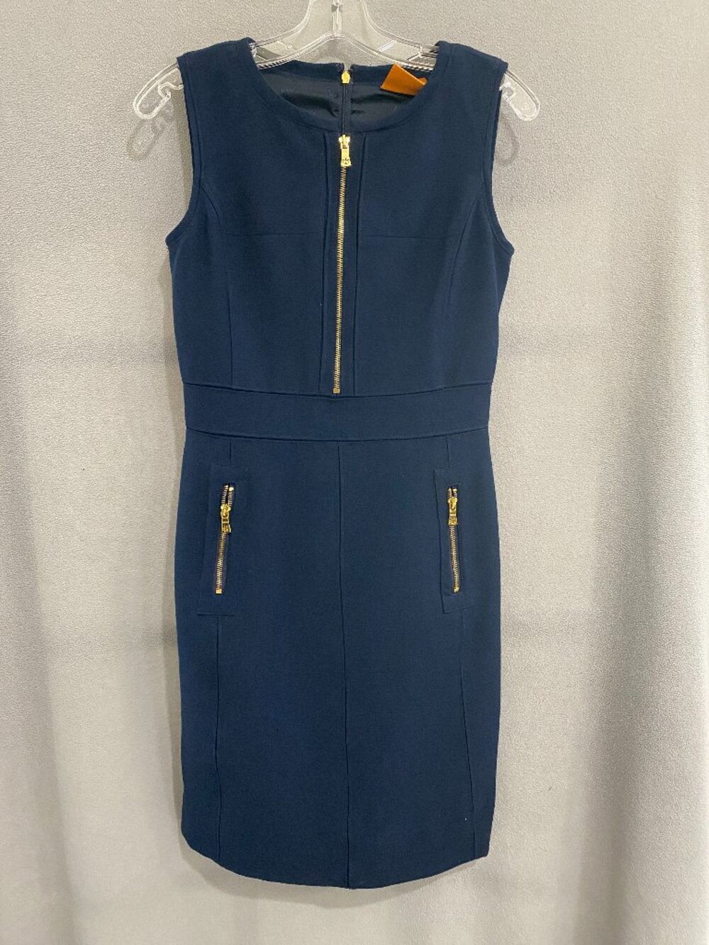 Tory Burch Navy Sleeveless Sheath Dress Gold Zipper Front Pockets Size 2